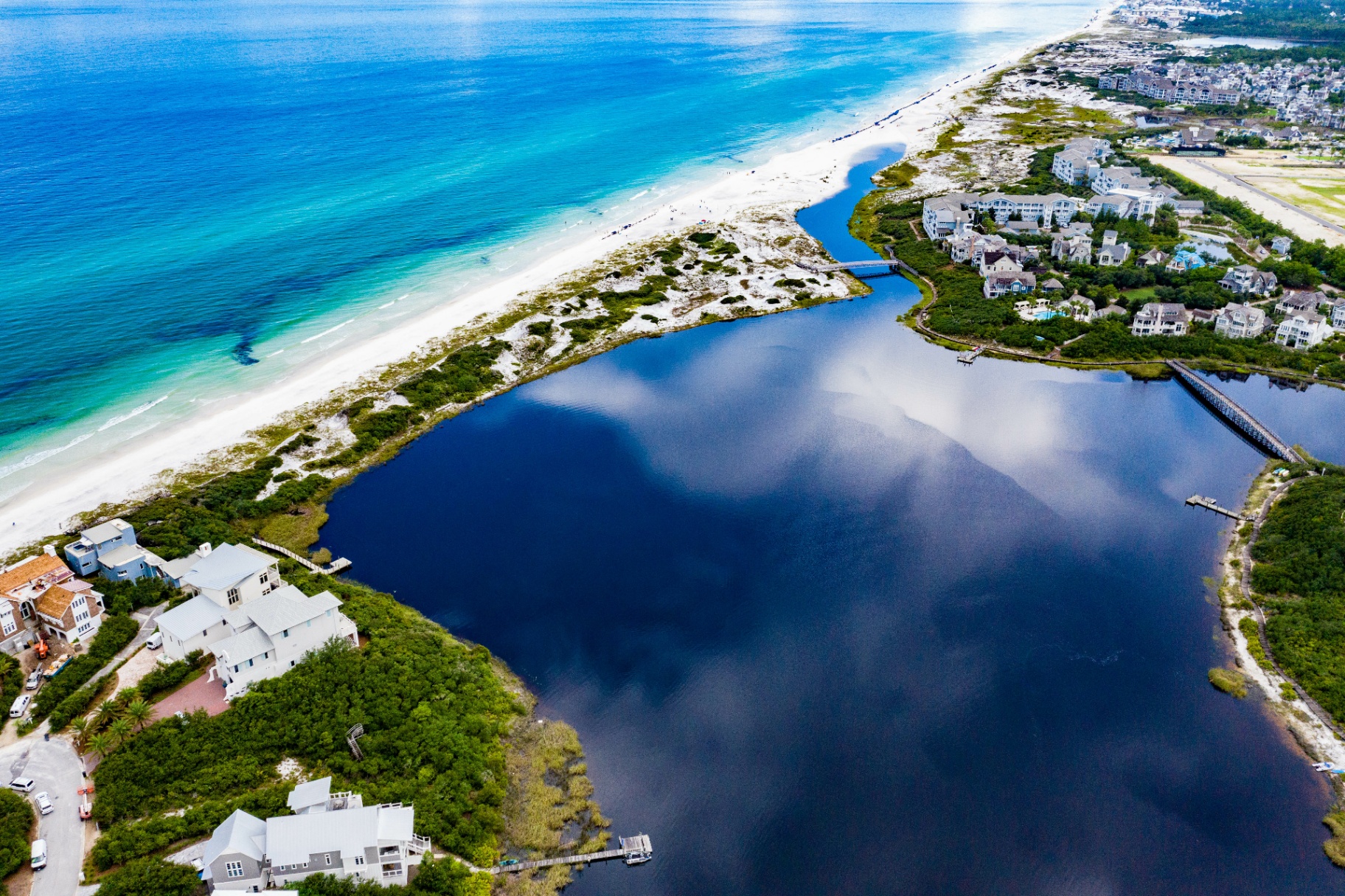 Aerial view of the 30A coastline and dune lakes